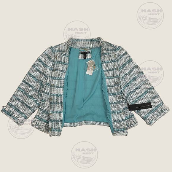 Chico’s Black Label M Tweed Jacket | Embellished Shell Enamel Tile Trim Aqua NWT - Picture 2 of 9